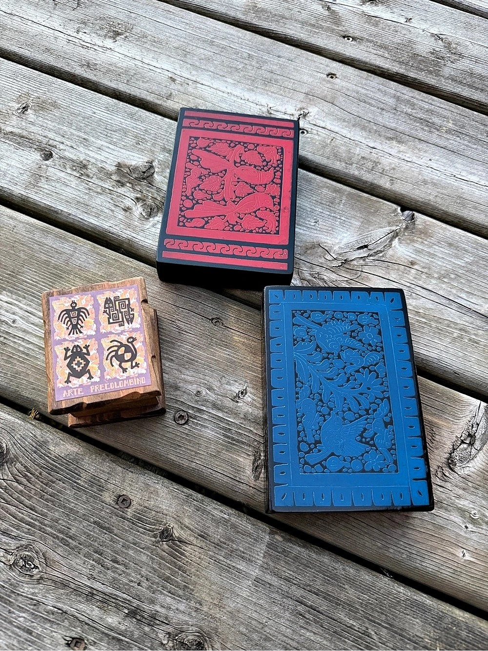 Vintage Latin American Folk Art Playing Card Boxes Red Blue Bird Design Lot